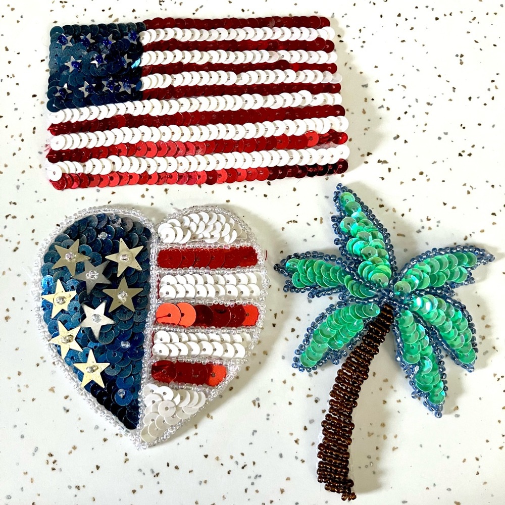 Vintage 80’s American flag heart & palm tree sequins sequined patches set of 3
